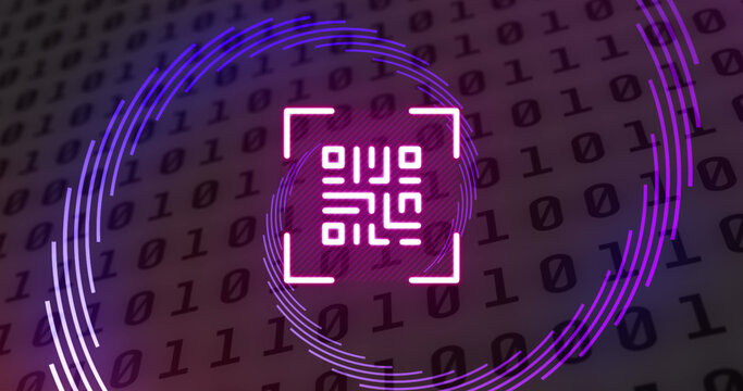 Image of qr code and spinning purple shapes over binary coding