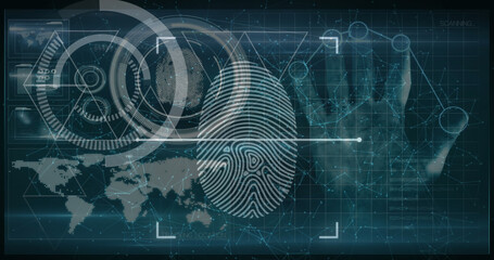 Human hand scanning over fingerprint biometric scanner against world map on blue background