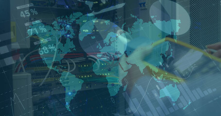 Financial data processing over world map against person working in server room