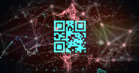 Image of a blue QR code with webs of connection over blue graph appearing