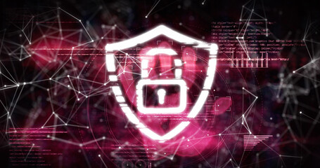 Digital image of security padlock icon against network of connections on pink background