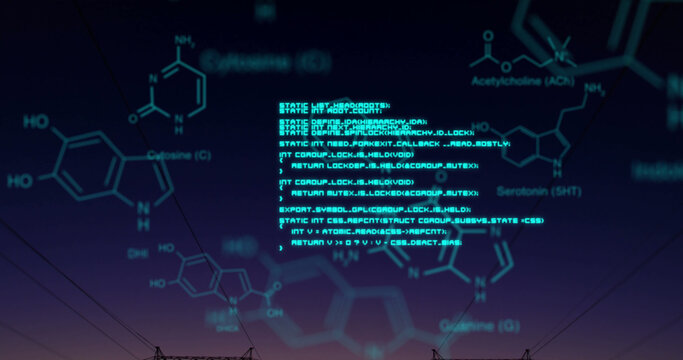 Chemical structures with program codes and a background of transmission towers