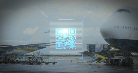 Image of a blue QR code over an airplane taking off