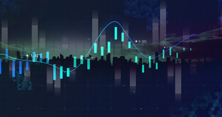 Image of statistics and financial data processing over cityscape in background