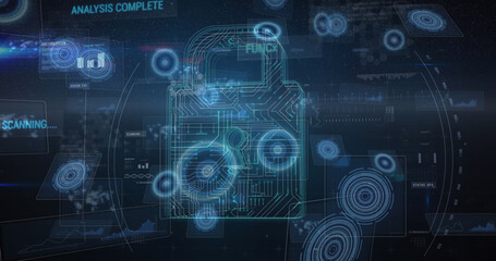 Image of online security padlock over scopes scanning and data processing