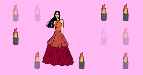 Image of lipsticks over female model in dress on pink background