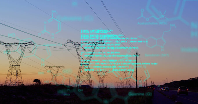 Chemical structures with program codes and a background of transmission towers