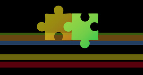 Image of colourful puzzle over colourful lines on black background