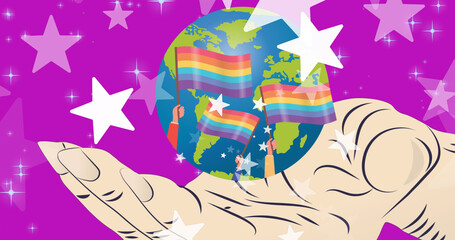 Image of stars over rainbow flags and globe with hand on purple background