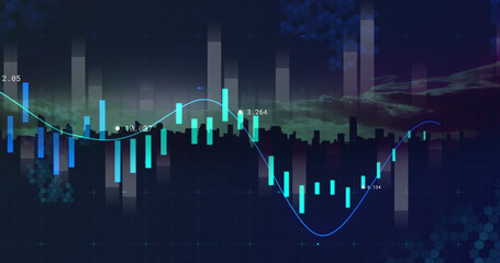 Image of statistics and financial data processing over cityscape in background