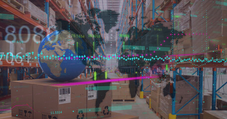 Fototapeta na wymiar Image of data processing over empty warehouse
