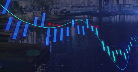 Neon statistical data processing against time-lapse of a city traffic