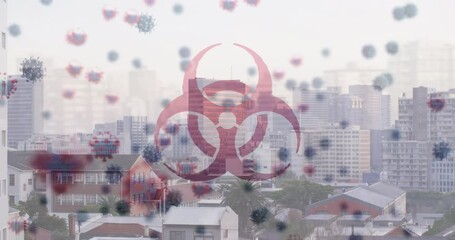 Animation of biohazard and virus cells over cityscape - Powered by Adobe