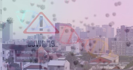 Animation of corona virus cells, dna and covid 19 sign over cityscape - Powered by Adobe