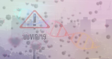Animation of corona virus cells, dna and covid 19 sign over cityscape - Powered by Adobe