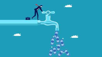 Create a cash flow. A businessman opens a tap with money flowing out. business concept vector illustration eps