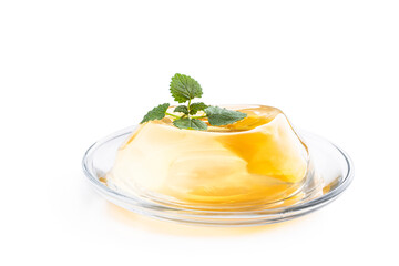 Fruit yellow jelly with fresh fruit isolated on white