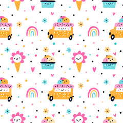 Cute summer pattern with ice cream, rainbow, flowers for kids. Seamless pattern with cute food. Digital paper with cartoon yummy ice cream. Childish background for textile and apparel