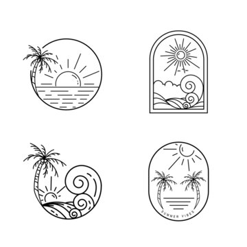 set beach scenery logo illustration on line art