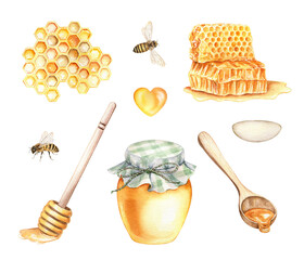 Golden honey, wooden stick and spoon, glass jar, honeycomb, honeybee clipart set on white background. Food eco design. Watercolor illustration. Hand drawn elements - obrazy, fototapety, plakaty