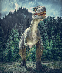 Dinosaur on the background of a gloomy forest. © Denis Rozhnovsky