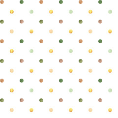 Watercolor seamless pattern. Polka dot baby print. Brown, green, yellow dots on white background. For wallpapers, postcards, wrappers, greeting cards, textile, invitations
