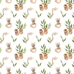 Watercolor seamless pattern. Baby, newborn accessories and green leaves texture on white background. Hand painted illustration for children design, print, fabric, textile, digital paper
