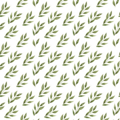 Naklejka na ściany i meble Watercolor seamless pattern with green leaves and branches on white background. Hand painted illustration for wedding design, print, fabric or background