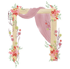 watercolor garden arches with blooming white and pink roses. Original illustration for wedding environment and landscape design