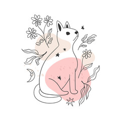 Magical linear illustration of a cat decorated with abstract spots, flowers and leaves. Vector freehand drawing.