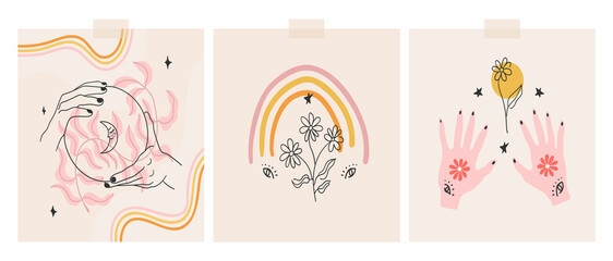 Pastel square card collection. Cute freehand drawings of witchcraft symbols with retro vibe. Vector illustrations.