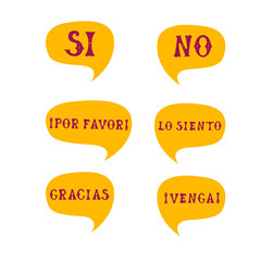 English translation yes no please sorry thank you go on. Comics speech bubble set with Spanish words made of letters in mexican style. Label, text, quote, exclamation. Flat vector illustration 