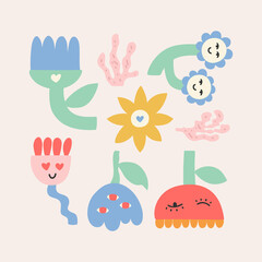 Set of 70s abstract flowers. Cute vector drawings isolated on beige background.