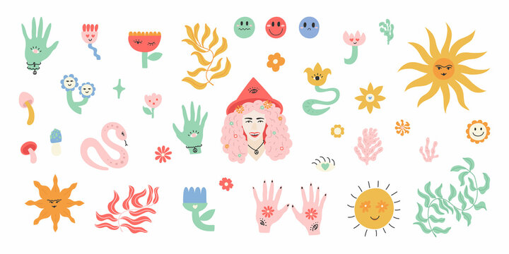 Set of 1970's symbols - flowers, hippy girl, sun, leaves, etc. Vector drawings isolated on white background.