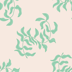 Seamless pattern with green leaves on beige background. For prints, backgrounds, wrapping paper, textile, linen, wallpaper, etc. 