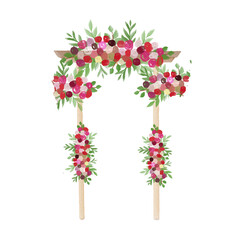 watercolor garden arches with blooming white and pink roses. Original illustration for wedding environment and landscape design