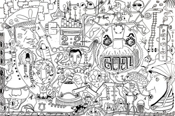 Comic illustration drawn in ink and pen on the theme of a football match with fans, ball and goal, concept on the theme of sports, coloring book.
