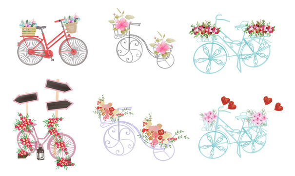 set of watercolor Summer romantic clipart with apricot pink vintage bicycle, isolated on white background. Beautiful hand painted bike with pretty flowers in a wooden crate. Floral bouquet with roses 