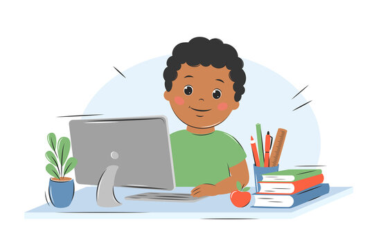 recommend clip art: Happy little African American boy studies with computer and books. Online education, home school concept. Vector illustration
