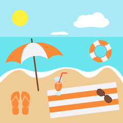 simple vector illustration beach with umbrella and towel