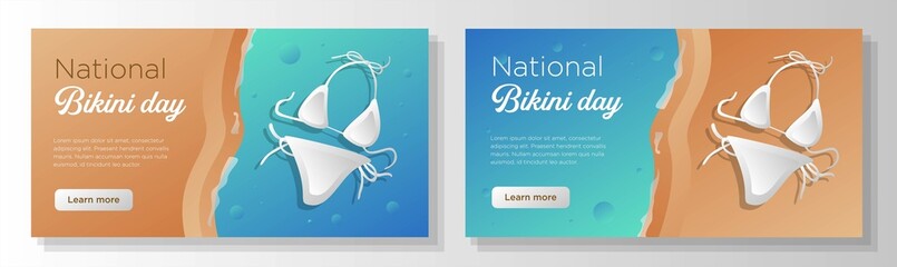National bikini day online banner template set, women's summer swimming wear advertisement, horizontal ad, beach swimsuit outfit webpage, swimwear creative brochure, isolated on background - Powered by Adobe