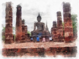 Ancient Ruins in Sukhothai World Heritage Site watercolor style illustration impressionist painting.