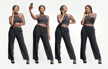 Obraz premium Photographing an African American woman from different angles with a smartphone, isolated on white background.