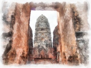 Ancient Ruins in Sukhothai World Heritage Site watercolor style illustration impressionist painting.