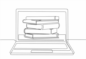 Continuous line drawing or one line drawing of a books stack on a computer. Vector illustration of modern education and technology.