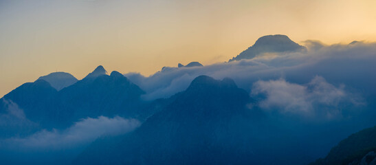 mountains in the fog
