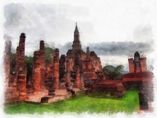 Ancient Ruins in Sukhothai World Heritage Site watercolor style illustration impressionist painting.