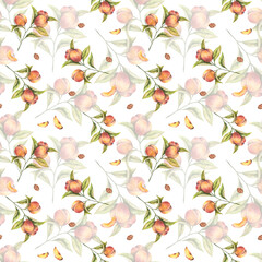 Seamless watercolor pattern with juicy peaches, slices of peach, leaves, colorful on white background. Botanical design with garden fruits for fabrics, textile, wallpaper.