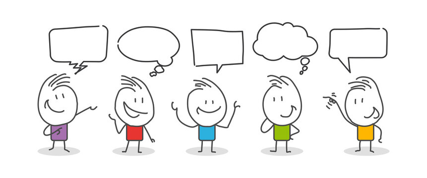 Stick figures. People with speech bubbles. Cartoon style. Social networks, news, social networks, chat, dialogue speech bubbles.
