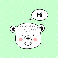 Vector cartoon character in doodle style.  Cute bear with an inscription.  Children's card, print.  Colorful flat illustration.